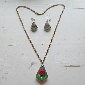 Elegant Gold Tone Necklace with Red Rose Pendant